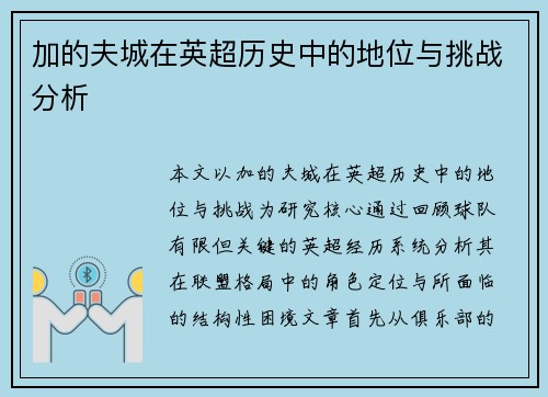 加的夫城在英超历史中的地位与挑战分析